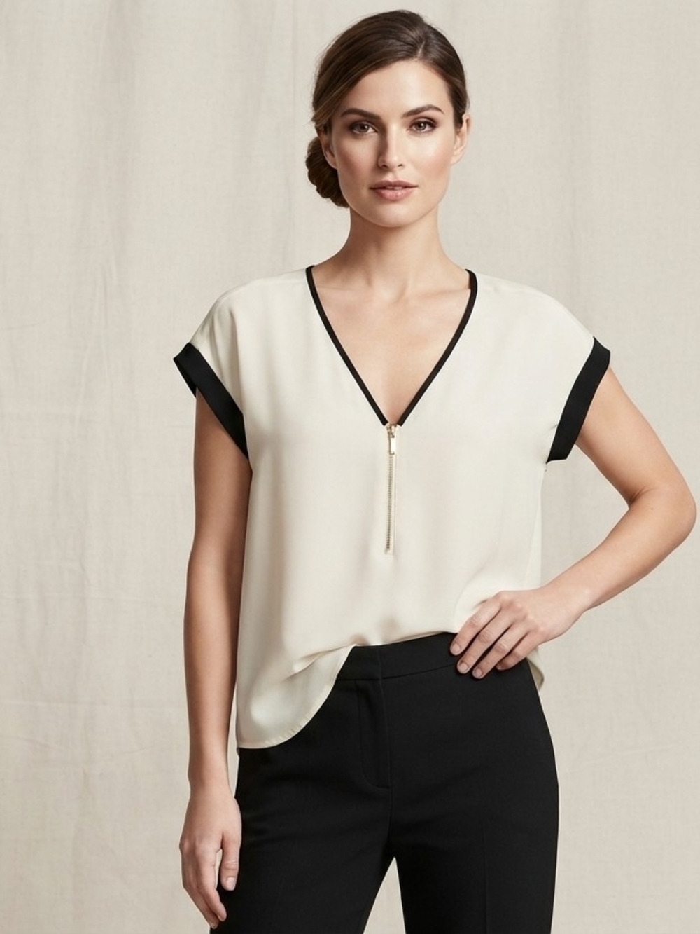 Express Cream Blouse with Black Trim and Center Zip